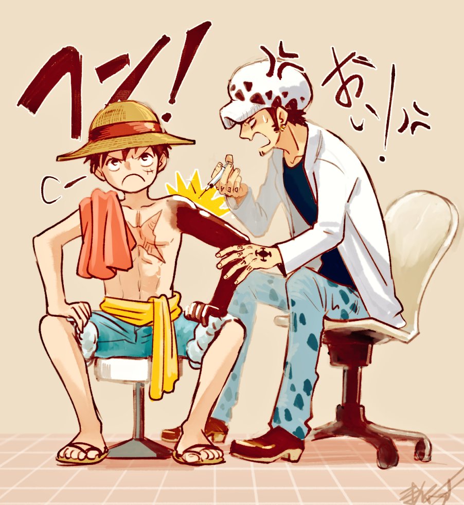 2boys anger_vein blue_shorts commentary_request denim hat holding holding_syringe jeans magu_pink male_focus monkey_d._luffy multiple_boys on_chair one_piece pants profile puff_of_air sandals sash scar scar_on_chest scar_on_face shorts signature straw_hat syringe trafalgar_law yellow_sash