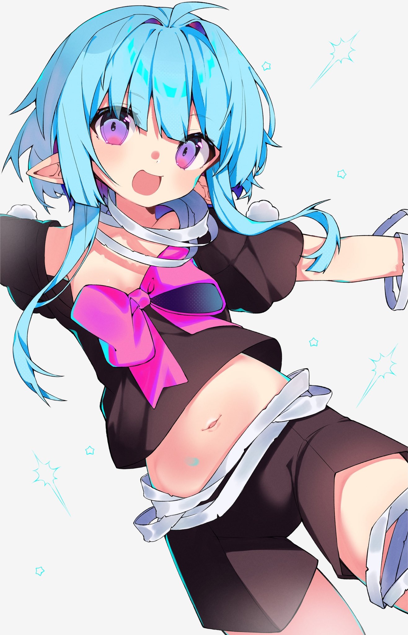 1girl bandaged_leg bandages blue_hair bow crop_top flat_chest highres looking_at_viewer navel open_mouth original outstretched_arms pointy_ears purple_eyes shikkuro69 short_hair_with_long_locks shorts simple_background smile solo spread_arms white_background