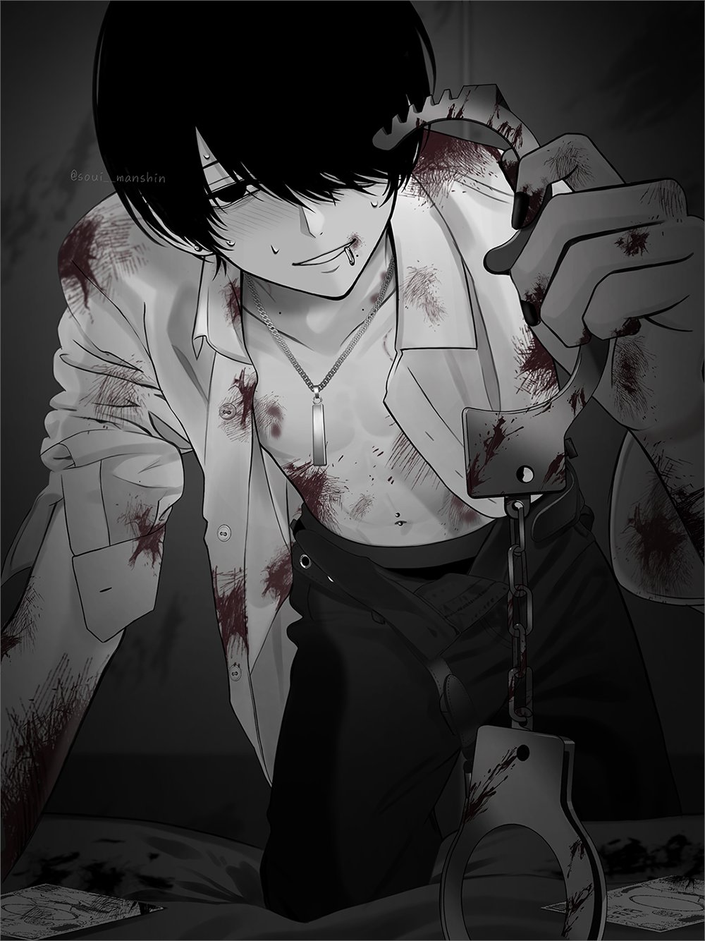 1boy blood blood_on_clothes blood_on_face blood_on_hands blush commentary_request cuffs greyscale hair_over_one_eye handcuffs highres holding holding_handcuffs injury jewelry lip_piercing looking_at_viewer male_focus mole mole_on_neck mole_under_mouth monochrome necklace open_clothes open_shirt original pants piercing shirt sleeves_rolled_up solo soui_manshin spot_color sweat twitter_username