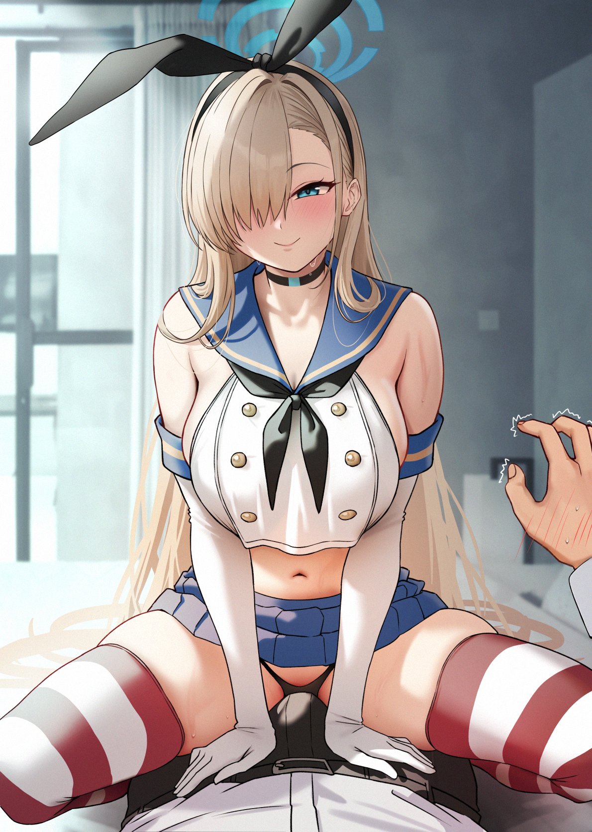 1boy 1girl asuna_(blue_archive) black_hairband black_neckerchief black_panties blonde_hair blue_archive blue_eyes blue_halo blue_sailor_collar blue_skirt breasts choker commentary_request cosplay crop_top crop_top_overhang elbow_gloves girl_on_top gloves hair_over_one_eye hairband halo hetero highres indoors kantai_collection large_breasts long_hair looking_at_viewer microskirt navel neckerchief panties pov sailor_collar sensei_(blue_archive) shimakaze_(kancolle) shimakaze_(kancolle)_(cosplay) sitting skindentation skirt smile solar_(happymonk) solo_focus squatting_cowgirl_position straddling striped_clothes striped_thighhighs thighhighs underwear white_gloves