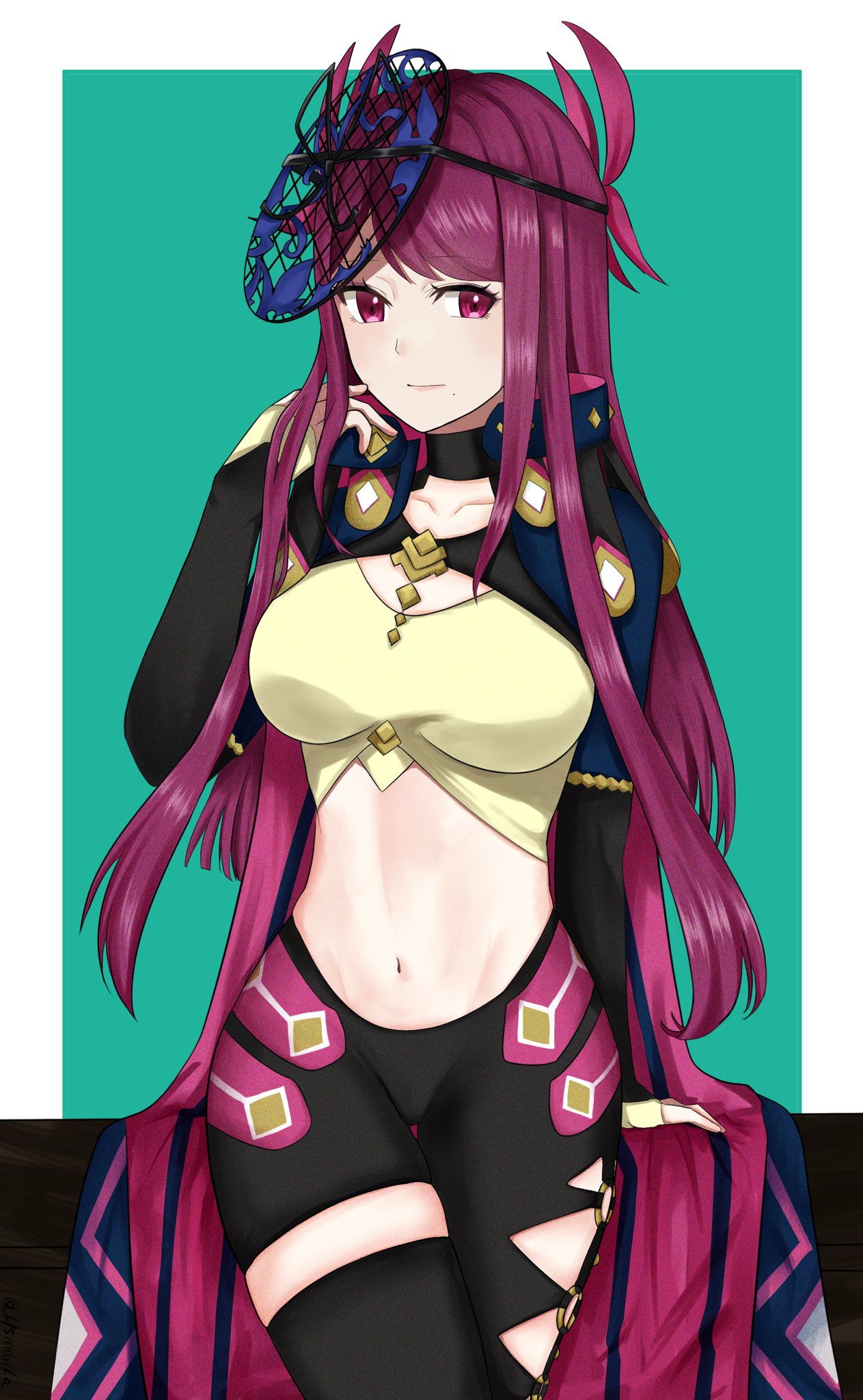 1girl asymmetrical_pants black_choker black_pants black_thighhighs breasts choker collarbone commentary cowboy_shot crop_top facial_mark fire_emblem fire_emblem_engage green_background hand_up highres ivy_(fire_emblem) large_breasts leggings long_hair long_sleeves looking_at_viewer midriff navel otokajife pants purple_eyes purple_hair sage_outfit_(fire_emblem_engage) shirt shrug_(clothing) single_thighhigh solo standing stomach thighhighs thighs very_long_hair yellow_shirt