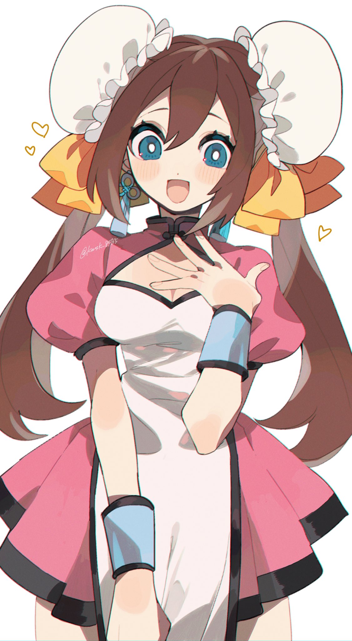 1girl blue_eyes blush_stickers bow breasts brown_hair chinese_clothes cleavage cleavage_cutout clothing_cutout double_bun dress earrings hair_bow hair_bun heart highres jewelry kawasaki_(kwsk_8765) long_hair looking_down maid medium_breasts pink_dress pokemon pokemon_bw2 rosa_(pokemon) simple_background solo twitter_username white_background yellow_bow