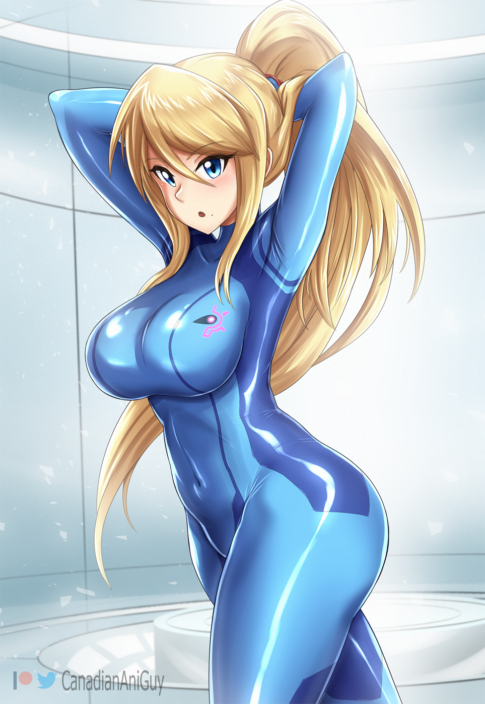 1girl :o arms_behind_head arms_up blonde_hair blue_bodysuit blue_eyes blush bodysuit breasts canadiananiguy cowboy_shot hands_in_hair highres impossible_bodysuit impossible_clothes large_breasts long_hair looking_at_viewer metroid mole mole_under_mouth ponytail samus_aran shiny_clothes skin_tight solo thighs zero_suit