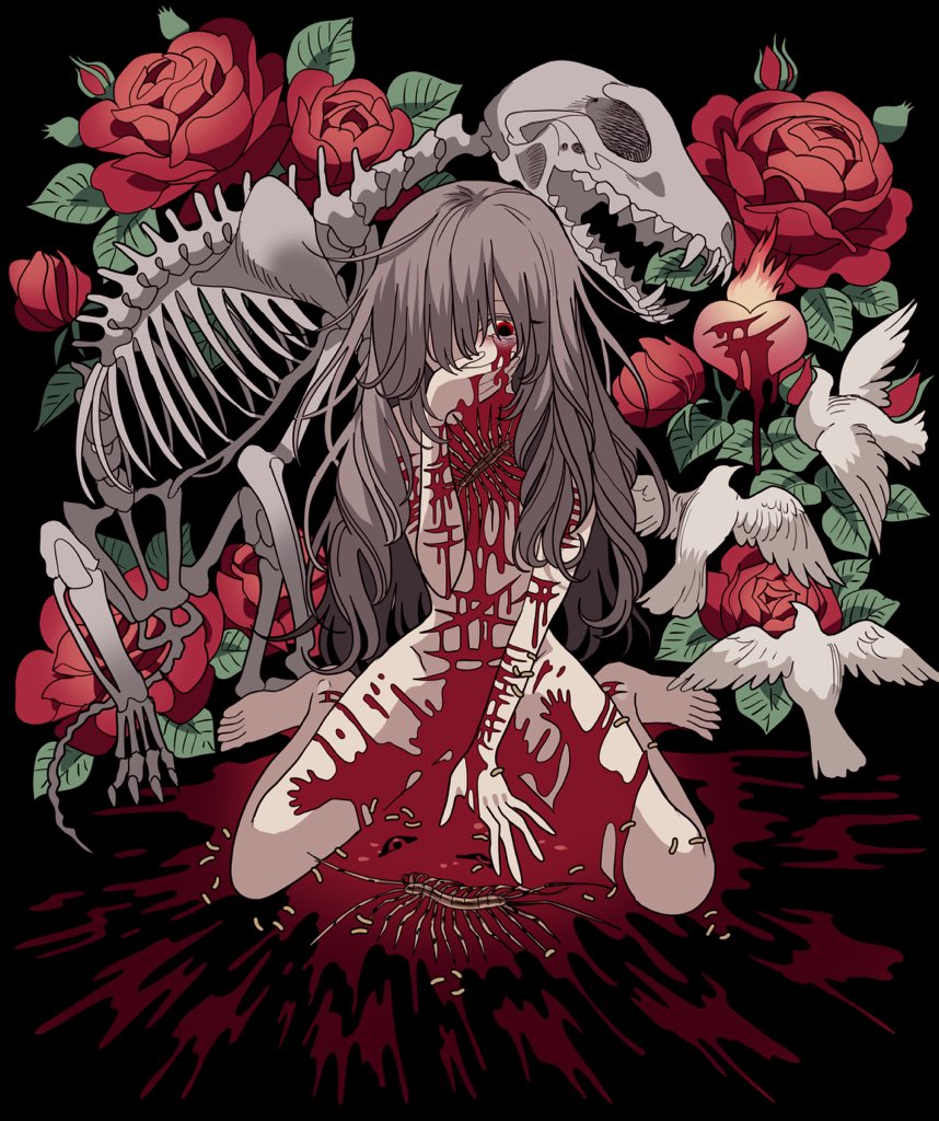 1girl animal_skeleton bad_id bad_twitter_id barefoot between_legs bird blood blood_from_eyes blood_on_face blood_on_hands blood_splatter bug centipede completely_nude covering_own_mouth dove floral_background flower full_body guro hand_between_legs hand_up heart injury long_hair looking_down maggot meremero nude original red_eyes red_flower red_rose rose sitting solo wariza