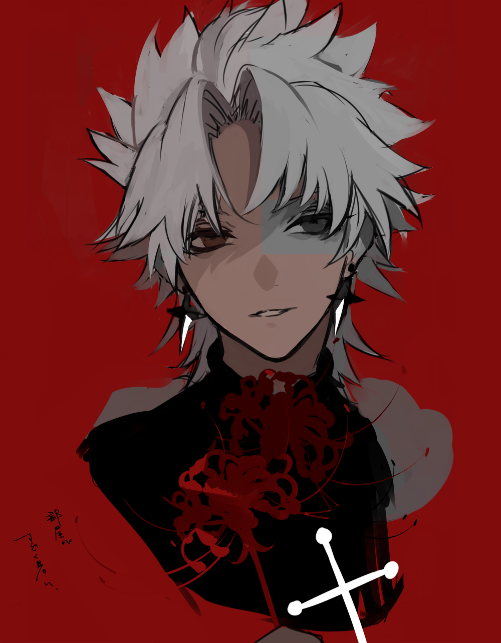 1boy 7wata_himori amakusa_shirou_(fate) brown_eyes cross dark-skinned_male dark_skin earrings fate/apocrypha fate_(series) flower highres jewelry looking_at_viewer male_focus parted_lips portrait red_background simple_background smile solo spider_lily spiked_hair white_hair