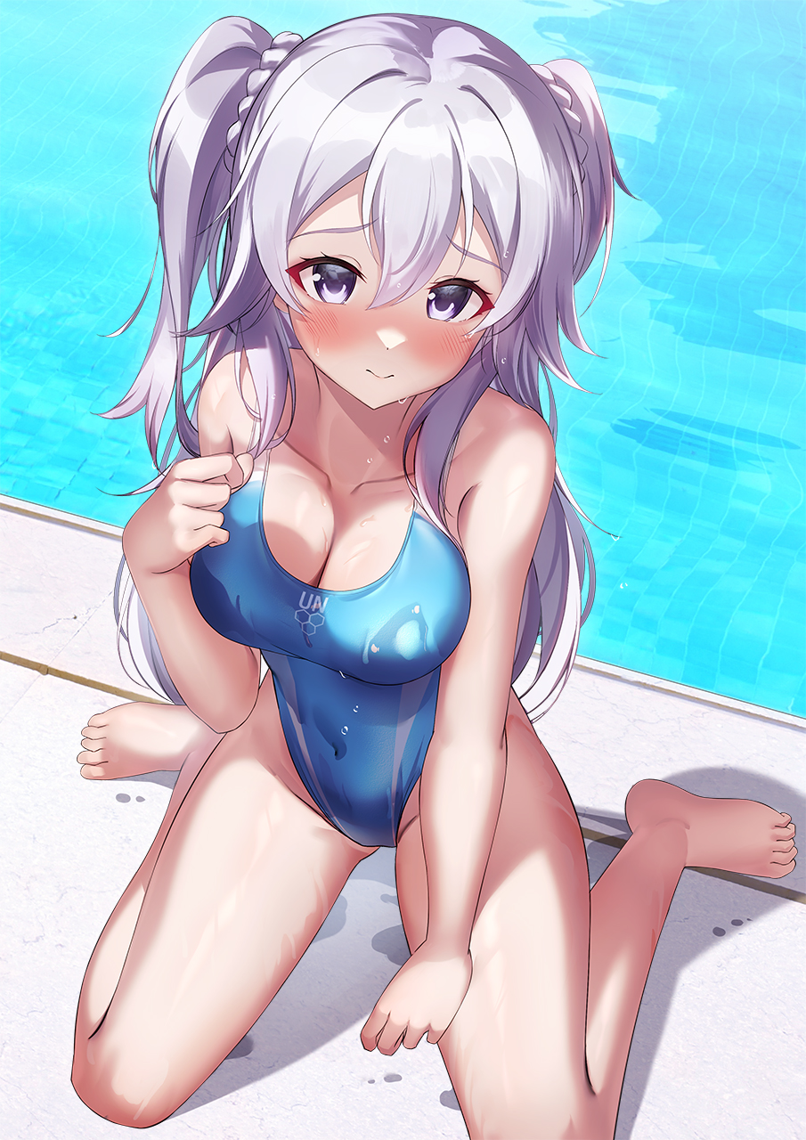 1girl barefoot blue_one-piece_swimsuit commission competition_swimsuit covered_navel gakusen_toshi_asterisk grey_hair highleg highleg_swimsuit highres long_hair one-piece_swimsuit pixiv_commission pool poolside purple_eyes shirosaba solo swimsuit toudou_kirin two_side_up water wet wet_clothes wet_swimsuit