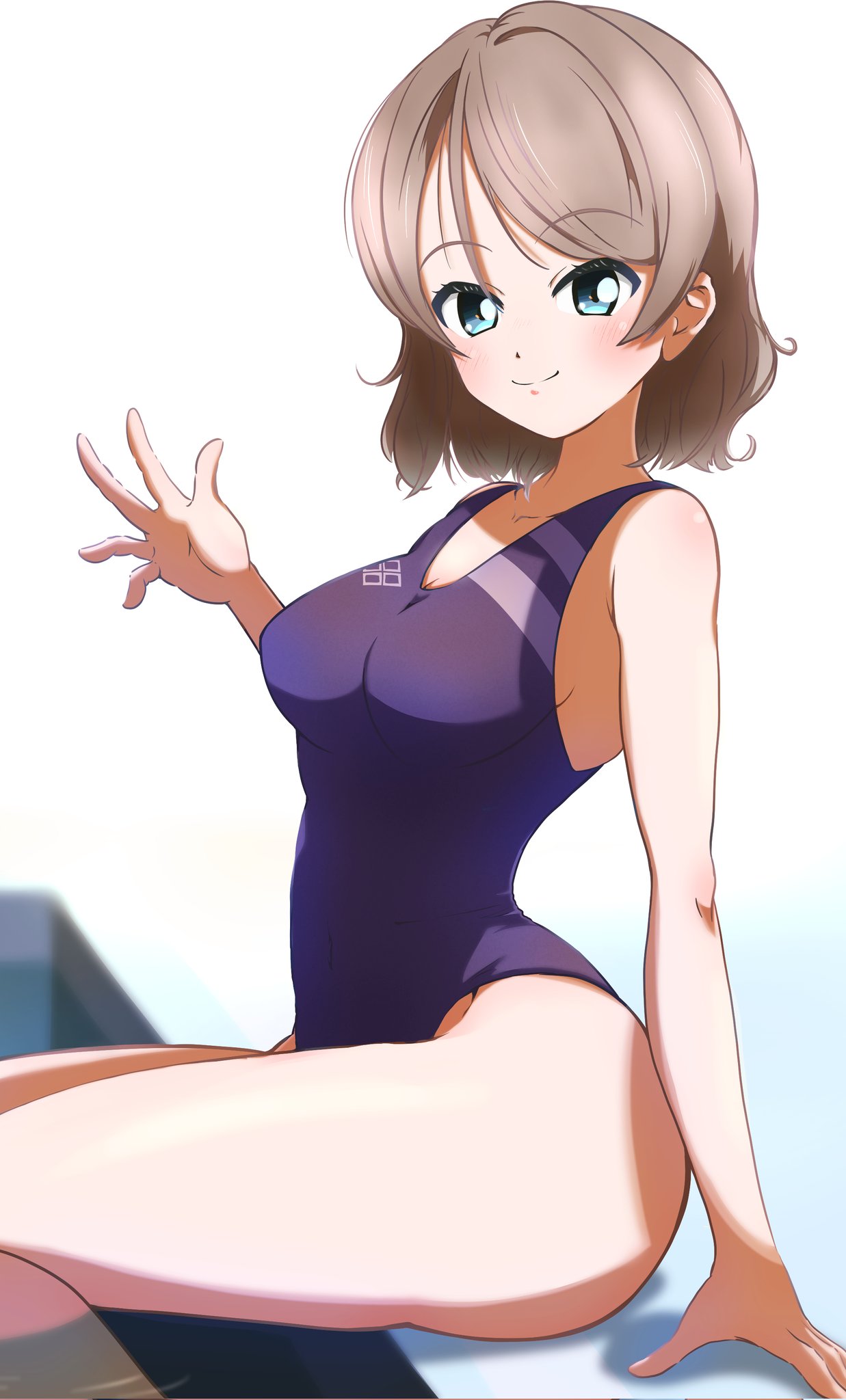 1girl armpit_crease at_alexandrite blue_eyes blush breasts brown_hair cleavage highres looking_at_viewer love_live! love_live!_sunshine!! short_hair simple_background sitting smile solo swimsuit thighs watanabe_you waving wavy_hair