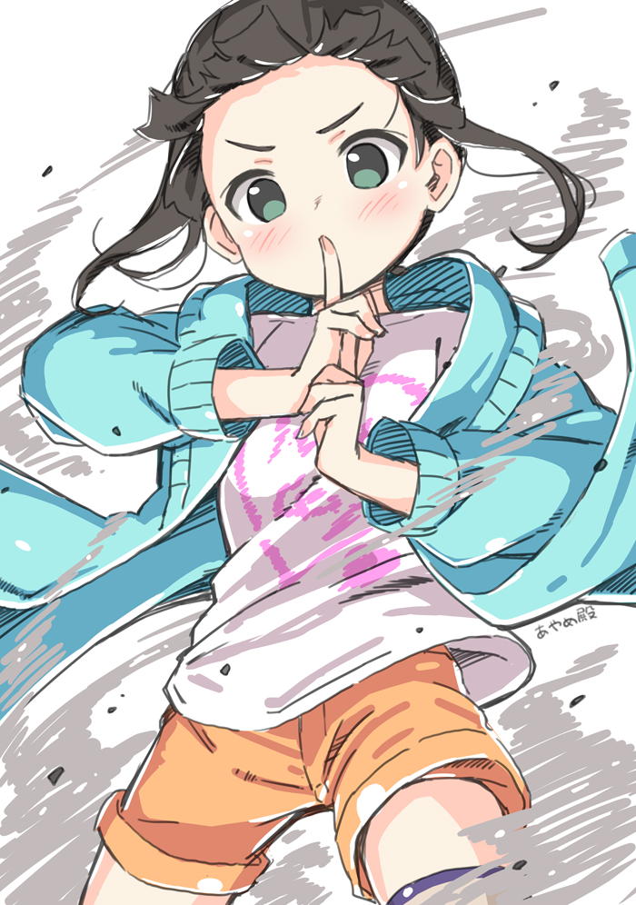 1girl black_hair blue_shirt blush breasts character_name covering_own_mouth cowboy_shot floating_hair green_eyes hamaguchi_ayame idolmaster idolmaster_cinderella_girls kuji-in kuresuku_(lessons) looking_at_viewer medium_breasts open_clothes open_shirt orange_shorts print_shirt shirt shorts simple_background solo v-shaped_eyebrows white_shirt