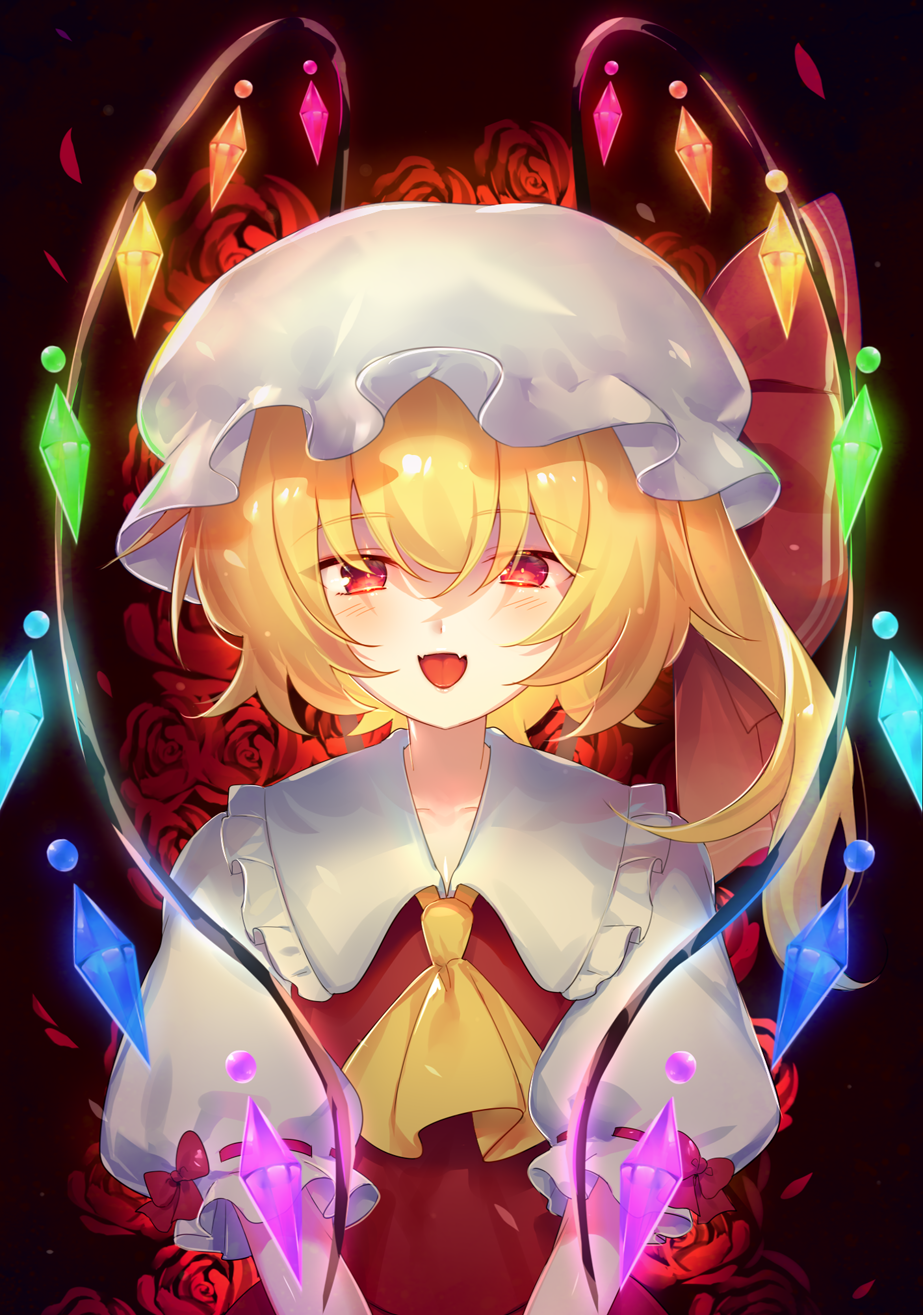 1girl ascot blonde_hair bow bowtie collared_shirt crystal fangs flandre_scarlet flower frilled_shirt_collar frilled_sleeves frills glowing glowing_wings hat highres long_hair looking_at_viewer mob_cap multicolored_wings one_side_up open_mouth red_background red_bow red_bowtie red_eyes red_flower red_ribbon red_rose red_vest ribbon ribbon-trimmed_sleeves ribbon_trim rose shirt solo touhou upper_body urushiruu vest white_hat white_shirt wings yellow_ascot