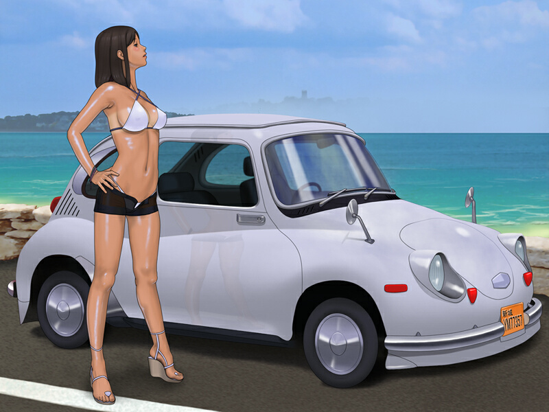 armpits bare_shoulders beach bikini_tan blush brown_hair car day ground_vehicle high_heels legs long_hair motor_vehicle ocean original outdoors reflection ribs shiny shiny_skin shoes short_shorts shorts sky solo subaru_(brand) tan tanline unzipped yoshino_momiji