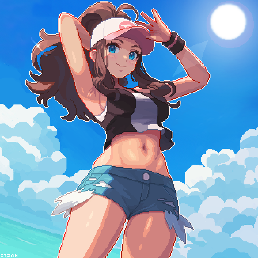 1girl baseball_cap blue_eyes breasts brown_hair denim denim_shorts hat hilda_(pokemon) itzah long_hair pixel_art pokemon pokemon_bw ponytail shirt shorts smile vest