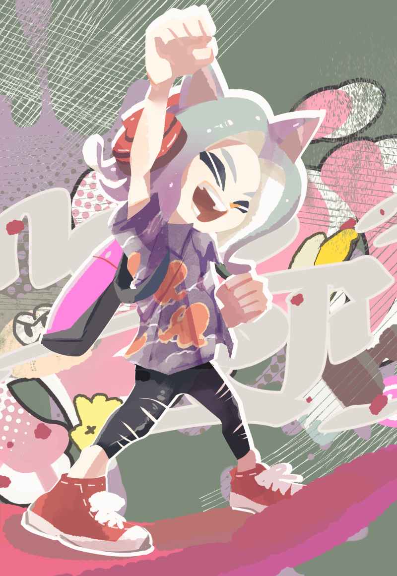 1boy :d ^_^ animal_ears animal_print arm_up black_leggings cat_ears clenched_hands closed_eyes converse full_body gradient_hair grey_hair headphones koike3582 leggings legs_apart multicolored_hair no_lineart octoling octoling_boy octoling_player_character octopus_print open_mouth print_shirt purple_hair purple_shirt red_footwear shirt shoelaces short_sleeves smile solo splatoon_(series) standing teeth tentacle_hair torn_clothes torn_leggings two-tone_footwear two-tone_hair white_footwear