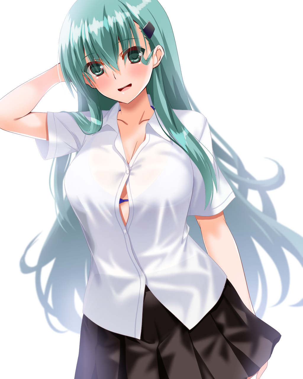 1girl arm_behind_head arms_up black_skirt blush bra breasts cleavage collared_shirt engo_(aquawatery) green_eyes green_hair hair_ornament highres kantai_collection large_breasts long_hair looking_at_viewer open_mouth purple_bra see-through shirt skirt smile solo suzuya_(kancolle) unbuttoned underwear white_shirt