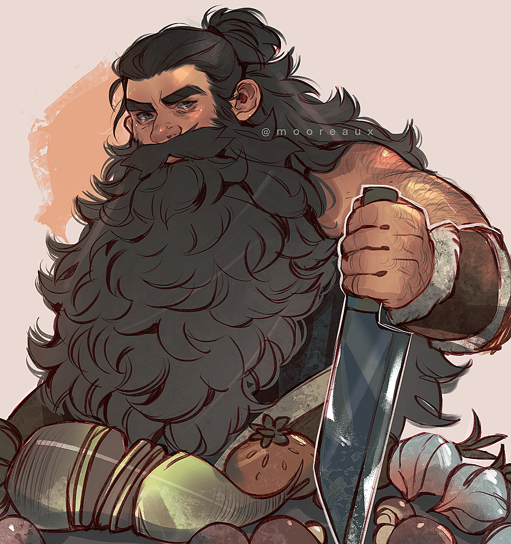 1boy arm_hair artist_name beard black_hair bracer dungeon_meshi dwarf english_commentary facial_hair hand_hair holding holding_knife knife long_hair looking_at_viewer male_focus mooreaux muscular muscular_male mushroom mustache onion radish senshi_(dungeon_meshi) solo thick_eyebrows tomato very_long_hair