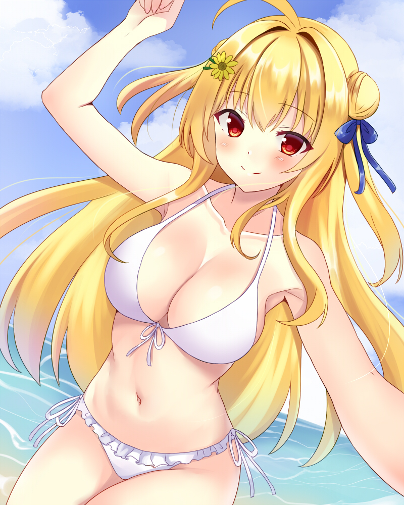 1girl ahoge arm_up bare_arms bare_shoulders bikini blonde_hair blue_ribbon blush breasts cleavage closed_mouth colored_eyelashes commentary_request cowboy_shot curvy day double_bun flower frilled_bikini frills front-tie_bikini_top front-tie_top hair_between_eyes hair_bun hair_flower hair_intakes hair_ornament hair_ribbon halterneck hamidashi_creative izumi_hiyori large_breasts long_hair looking_at_viewer miyako_(mongcocoa) navel outdoors red_eyes ribbon side-tie_bikini_bottom smile solo split_mouth swimsuit tsurime two_side_up very_long_hair white_bikini yellow_flower