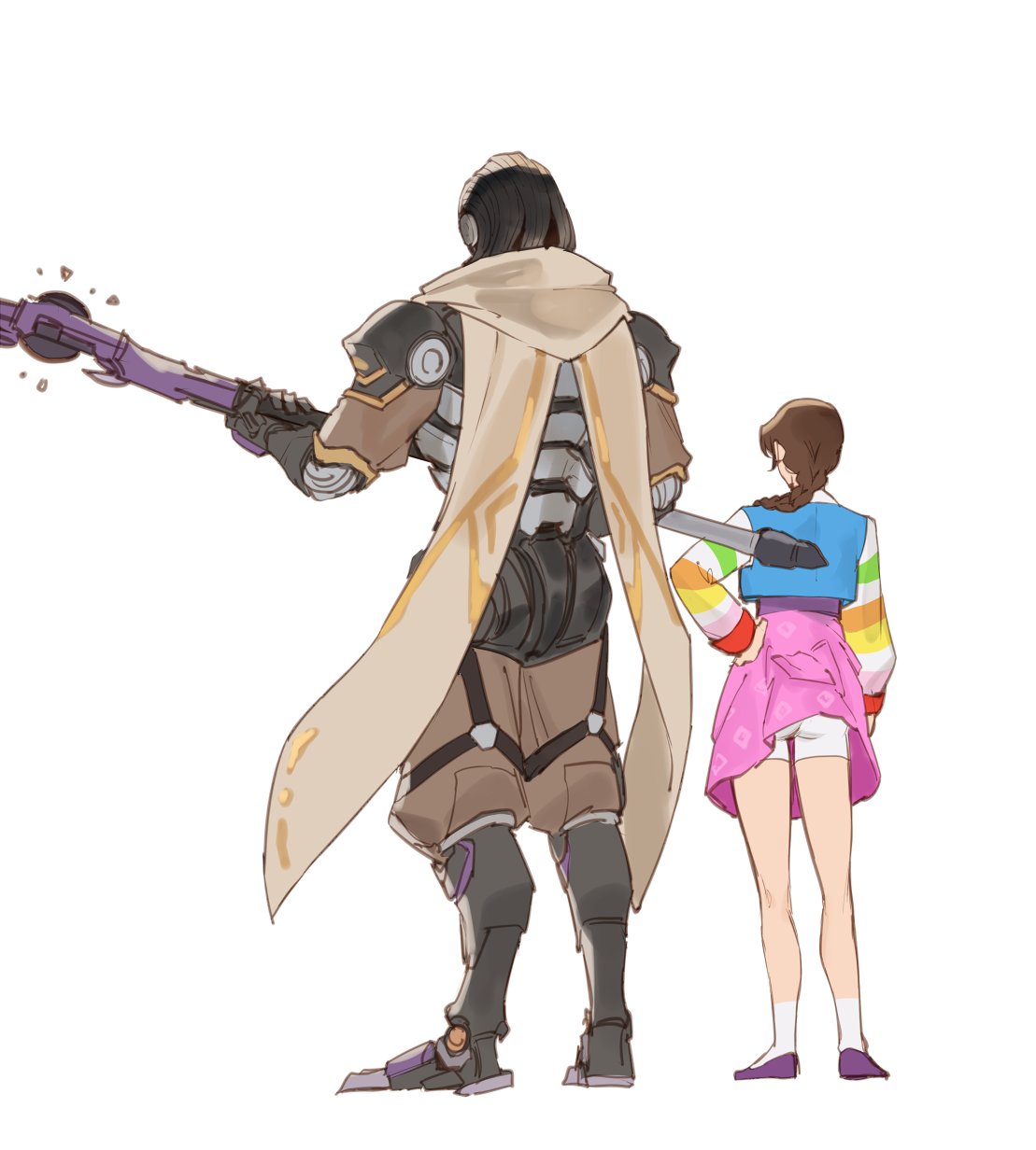 1boy 1girl ankle_socks blue_jeogori boyshort_panties braid brown_pants brown_scarf clothes_lift d.va_(overwatch) flats from_behind full_body highres holding holding_staff holding_weapon humanoid_robot multicolored_jeogori official_alternate_costume overwatch overwatch_2 palanquin_d.va panties pants pantyshot pink_skirt purple_footwear ramattra_(overwatch) robot scarf simple_background single_braid skirt skirt_lift socks staff standing underwear upskirt velinxi weapon white_background white_panties white_socks wind wind_lift