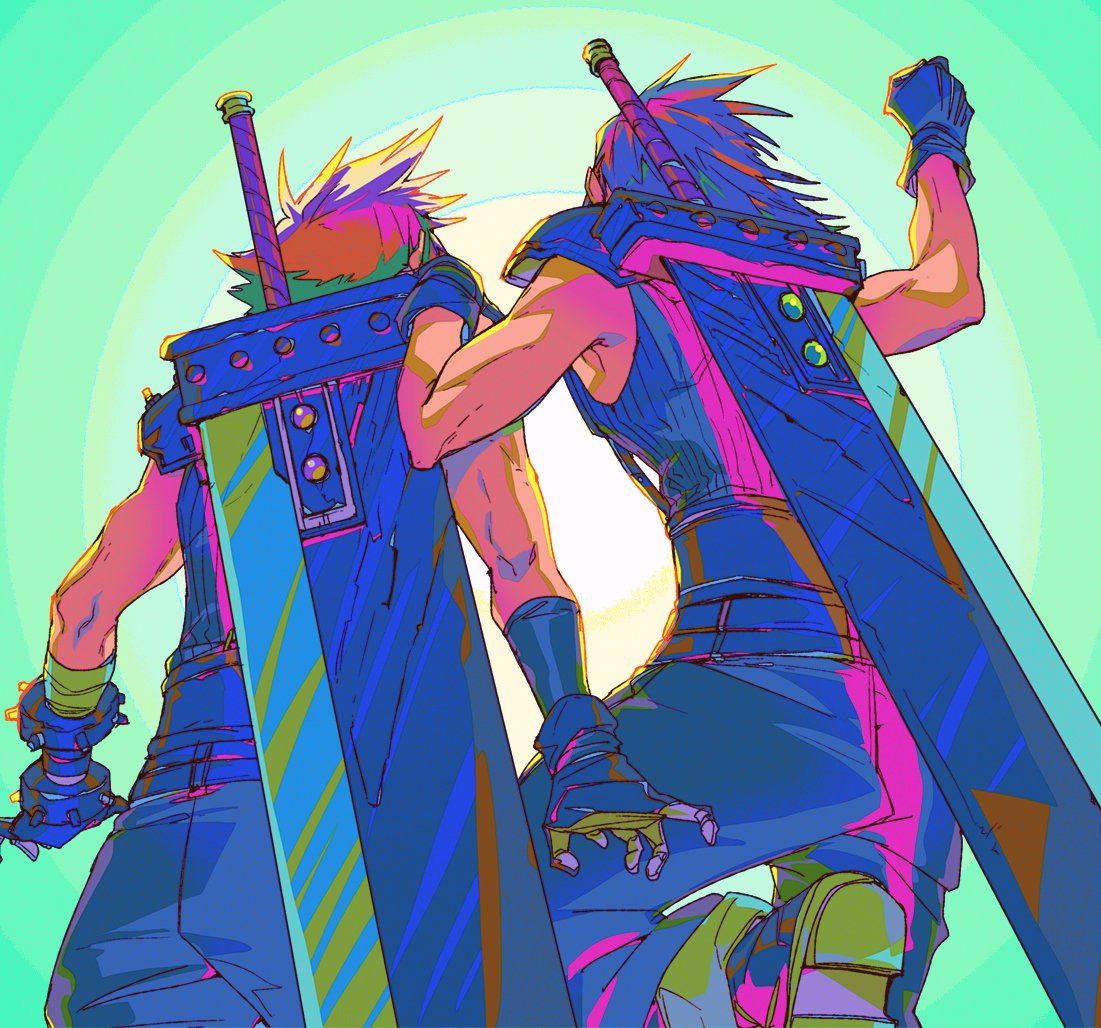 2boys armor bandaged_arm bandages belt blonde_hair buster_sword clenched_hand cloud_strife facing_away final_fantasy final_fantasy_vii final_fantasy_vii_rebirth final_fantasy_vii_remake from_behind gloves green_background hair_slicked_back hand_on_another's_shoulder hand_up male_focus materia mizu_cx multiple_belts multiple_boys shoulder_armor sleeveless sleeveless_turtleneck spiked_hair suspenders toned toned_male turtleneck upper_body weapon weapon_on_back zack_fair