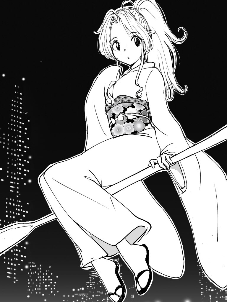 1girl botan_(yu_yu_hakusho) broom broom_riding city floating full_body greyscale japanese_clothes kajino_(aosansai) kimono long_hair looking_at_viewer monochrome open_mouth ponytail solo yu_yu_hakusho