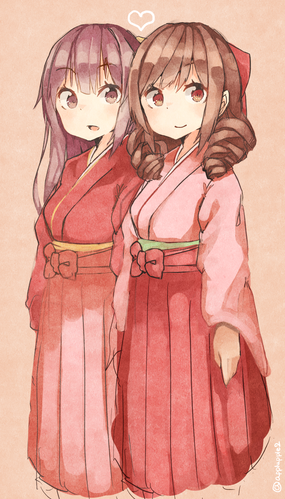 2girls apupuru bow brown_background brown_hair drill_hair hair_bow hakama hakama_skirt harukaze_(kancolle) heart highres japanese_clothes kamikaze_(kancolle) kantai_collection kimono long_hair long_sleeves looking_at_viewer meiji_schoolgirl_uniform multiple_girls one-piece_swimsuit open_mouth pink_hakama pink_kimono purple_hair red_bow red_hakama red_kimono skirt smile swimsuit twitter_username wide_sleeves