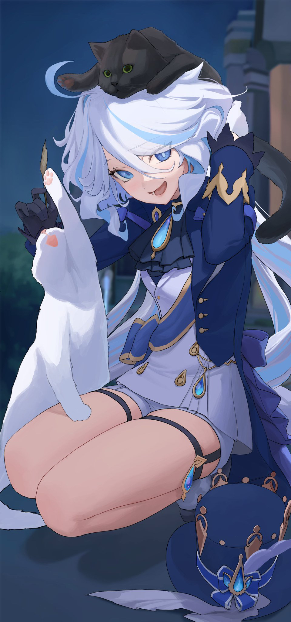 1girl animal_hands animal_on_head arm_up ascot black_ascot black_cat blue_brooch blue_gemstone blue_hair blue_hat blue_jacket blurry blurry_background cat cat_on_head cat_paws cat_teaser commentary_request cowlick drop-shaped_pupils full_body furina_(genshin_impact) gem genshin_impact hand_up hat heterochromia highres jacket kodona legs light_blue_hair lolita_fashion long_hair looking_to_the_side mismatched_pupils multicolored_hair on_head open_mouth outdoors ricin shorts solo squatting streaked_hair symbol-shaped_pupils thigh_strap thighs top_hat unworn_hat unworn_headwear vest wavy_hair white_cat white_hair white_shorts white_vest