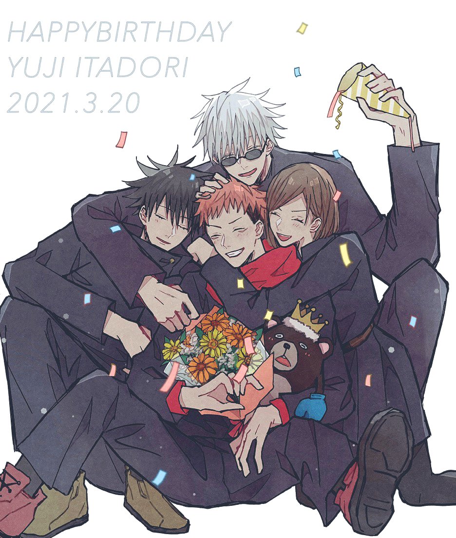 1girl 3boys ^_^ bad_id bad_twitter_id black_hair bouquet character_name closed_eyes commentary_request confetti crown dated flower fushiguro_megumi gojou_satoru happy_birthday holding holding_bouquet holding_stuffed_toy hood hoodie hug itadori_yuuji jujutsu_kaisen jujutsu_tech_uniform kugisaki_nobara multiple_boys pink_hair red_hoodie short_hair simple_background stuffed_toy sunglasses swept_bangs undercut white_background white_hair xmqxc