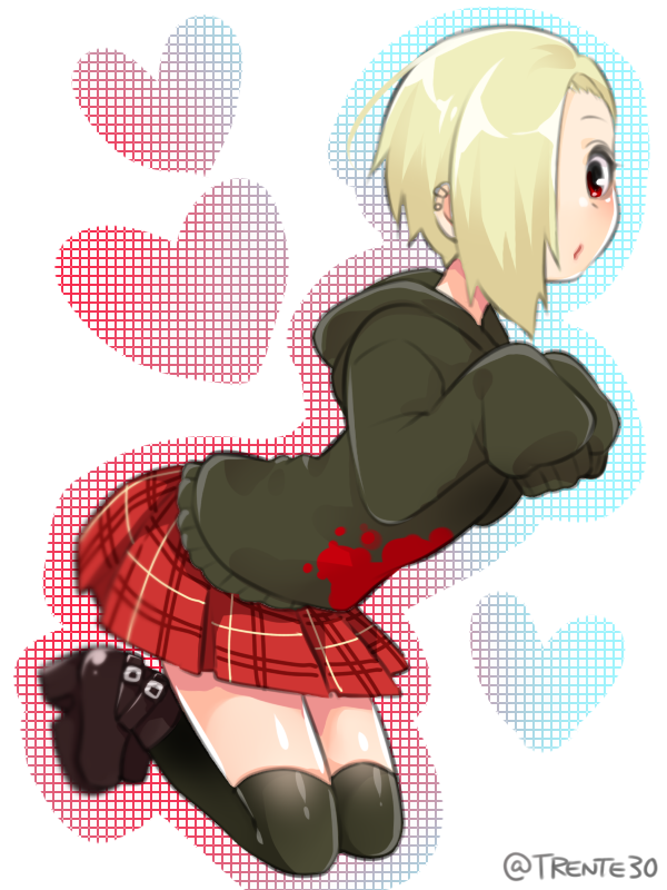 1girl black_hoodie black_thighhighs blonde_hair blood blood_stain blush boots full_body hair_over_one_eye heart hood hoodie idolmaster idolmaster_cinderella_girls looking_at_viewer red_eyes red_skirt shirasaka_koume short_hair skirt sleeves_past_fingers sleeves_past_wrists solo thighhighs trente