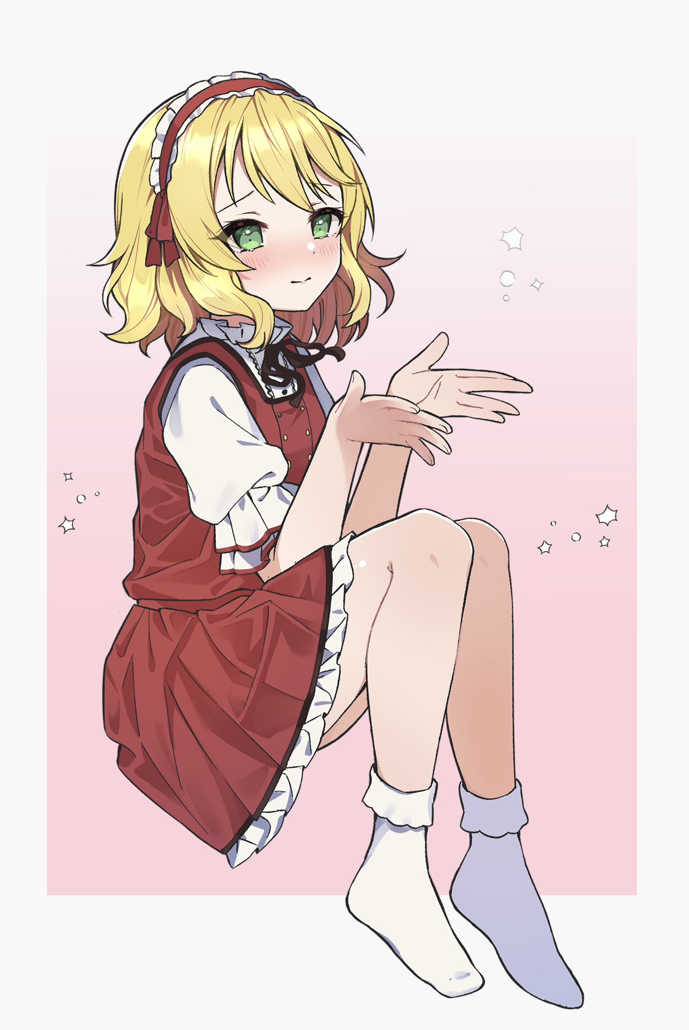 1girl blonde_hair blush bobby_socks closed_mouth commentary_request dddd_akagi dress frilled_dress frilled_hairband frills green_eyes hairband highres idolmaster idolmaster_cinderella_girls idolmaster_cinderella_girls_u149 looking_at_viewer no_shoes puffy_short_sleeves puffy_sleeves red_dress red_hairband sakurai_momoka short_hair short_sleeves socks solo white_socks