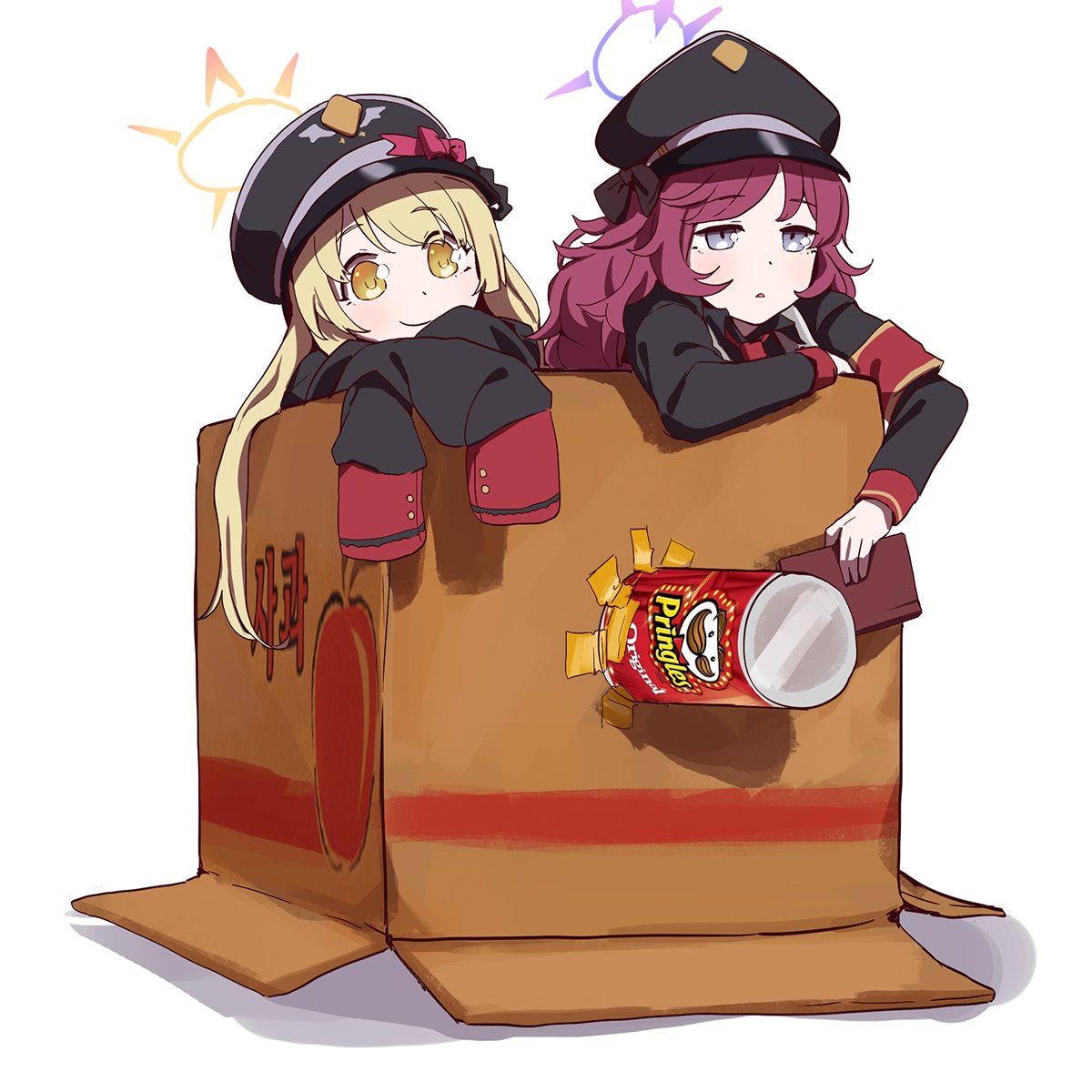 2girls armband black_jacket black_shirt blonde_hair blue_archive box cardboard_box closed_mouth collared_shirt commentary_request grey_eyes halo hat highres holding ibuki_(blue_archive) in_box in_container iroha_(blue_archive) jacket korean_commentary long_hair long_sleeves looking_ahead mmm_(ji1945) multiple_girls open_mouth peaked_cap pringles pringles_can purple_halo red_armband red_hair shirt simple_background sleeves_past_fingers sleeves_past_wrists smile white_background yellow_eyes yellow_halo