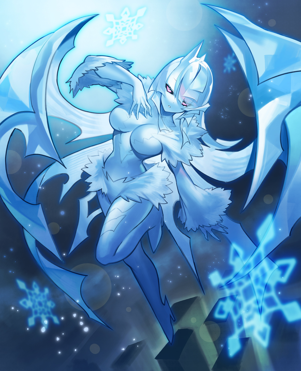 1girl baniran_dorosu black_sclera blue_hair blue_skin breasts colored_sclera colored_skin full_body fur_trim high_heels highres horns ice ice_wings looking_at_viewer medium_breasts monster_girl original pink_eyes single_horn snow_(baniran_dorosu) snowflakes solo wide_sleeves wings