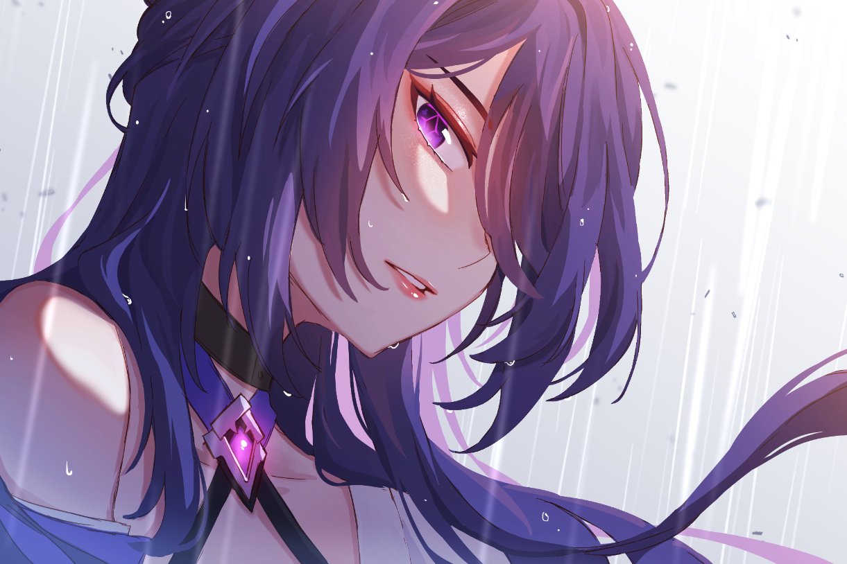 1girl acheron_(honkai:_star_rail) black_choker choker detached_sleeves hair_over_one_eye honkai:_star_rail honkai_(series) lips long_hair looking_at_viewer mayunnaize multicolored_hair parted_lips pink_lips portrait purple_eyes purple_hair rain single_bare_shoulder solo streaked_hair wet wet_hair