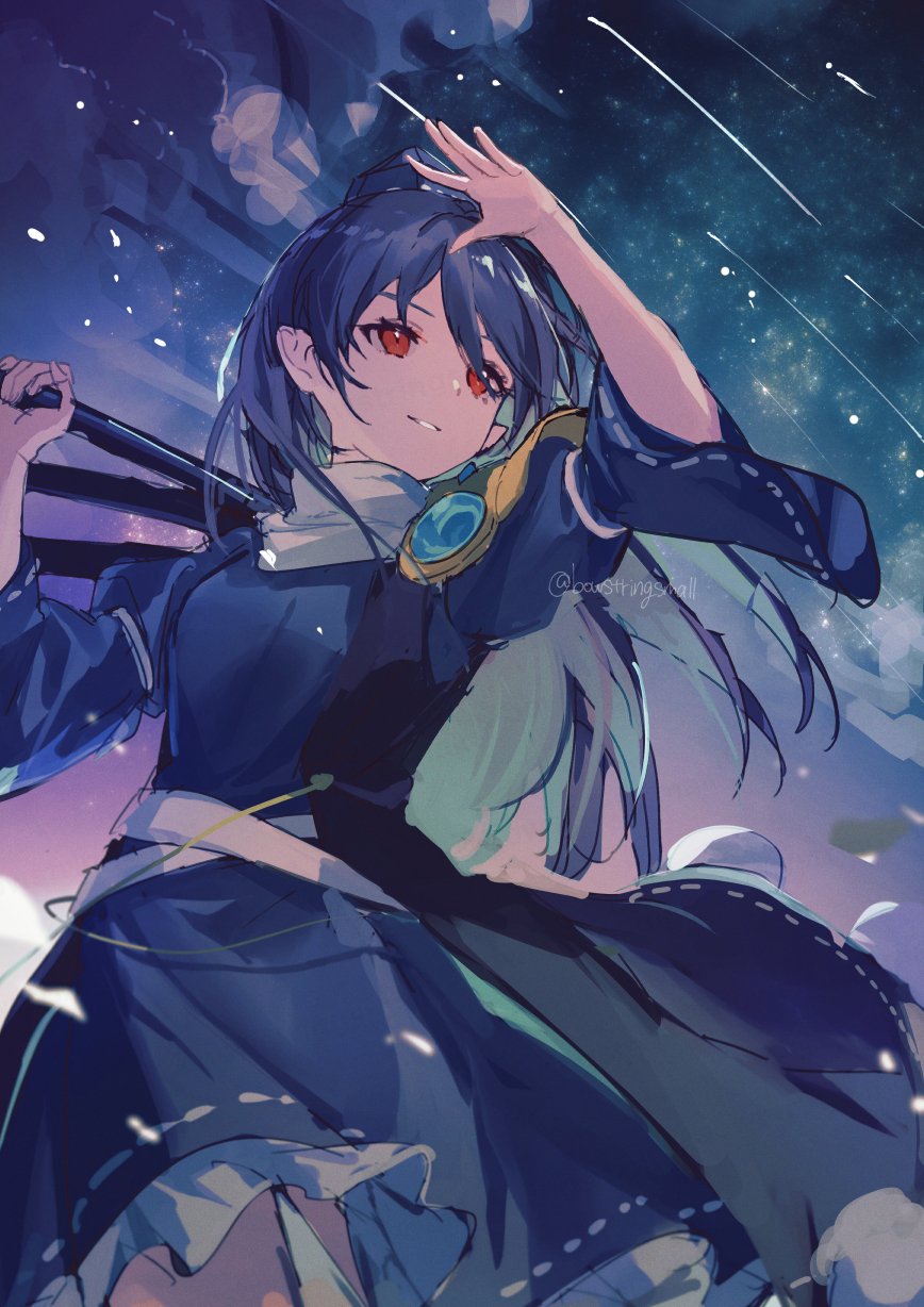 1girl aqua_hair arm_up armor artist_name blue_dress blue_gemstone blue_hair blue_hat blue_sky breasts colored_inner_hair dark_blue_hair dress frills gem gradient_sky hair_between_eyes hand_up hat highres holding holding_tripod iizunamaru_megumu juliet_sleeves long_hair long_sleeves looking_to_the_side medium_breasts multicolored_hair night night_sky oito_(bowstringsmall) outdoors pointy_ears puffy_sleeves purple_sky red_eyes shooting_star shoulder_armor sky smile solo standing star_(sky) star_(symbol) starry_sky teeth tokin_hat touhou tripod wide_sleeves