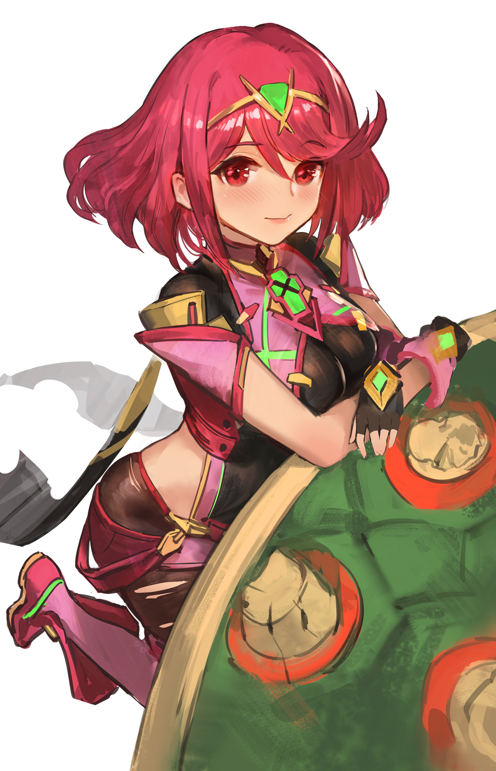 1boy 1girl armor backless_outfit black_gloves bob_cut bowser breasts chest_jewel core_crystal_(xenoblade) daible drop_earrings earrings fingerless_gloves gloves head_out_of_frame highres impossible_clothes jewelry large_breasts mario_(series) pantyhose pantyhose_under_shorts pyra_(xenoblade) red_eyes red_hair red_shorts short_hair short_shorts short_sleeves shorts shoulder_armor skindentation solo_focus spiked_shell super_smash_bros. swept_bangs thighhighs thighhighs_over_pantyhose tiara torn_clothes torn_pantyhose xenoblade_chronicles_(series) xenoblade_chronicles_2