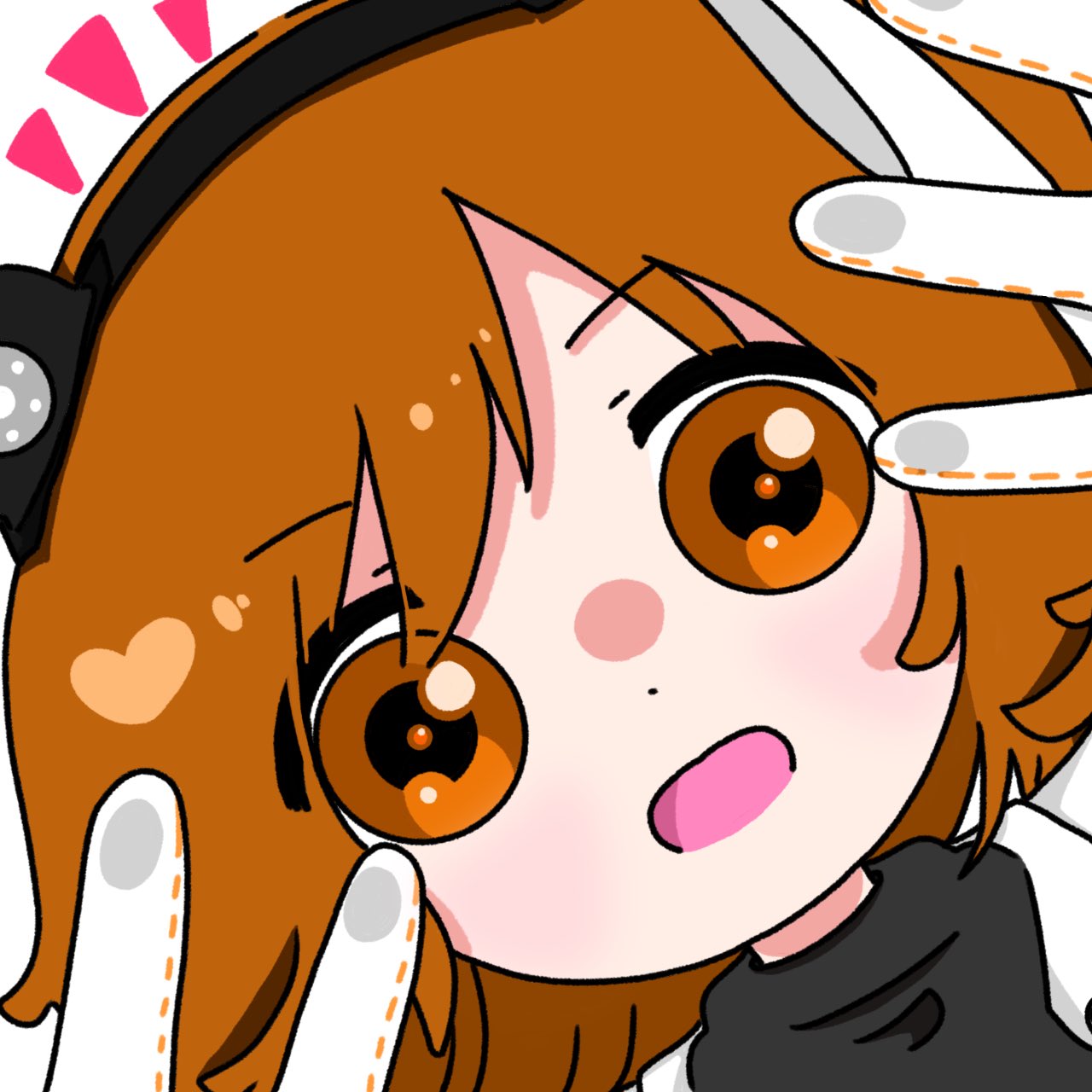 1girl a.i._voice adachi_rei against_fourth_wall close-up commentary_request gloves hands_up haremaki_(grgr_mkmk1) headlamp highres looking_at_viewer medium_hair open_mouth orange_eyes orange_hair portrait solo utau white_gloves