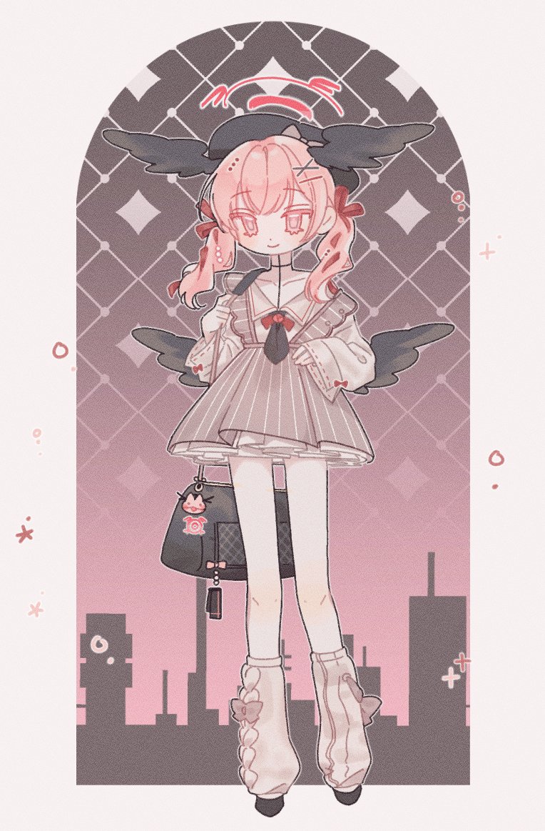 1girl bag bag_charm black_footwear black_hat black_wings blue_archive charm_(object) full_body hair_ornament hair_ribbon hairclip halo hat head_wings koharu_(blue_archive) korean_commentary leg_warmers long_hair long_sleeves mini_wings nagakiras2 pink_eyes pink_hair red_ribbon ribbon shoes sleeves_past_wrists smile twintails wings