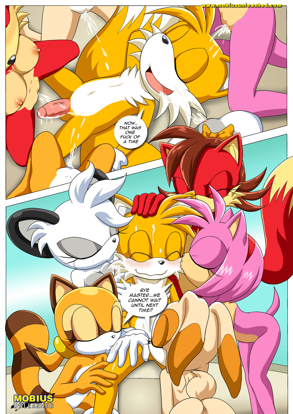 bunny_tail canine comic cream_the_rabbit cum female fiona_fox fox fox_tail kissing male mammal marine_the_raccoon miles_prower mobius_unleashed multiple_tails nipples penis sega sex sonic_(series) tails