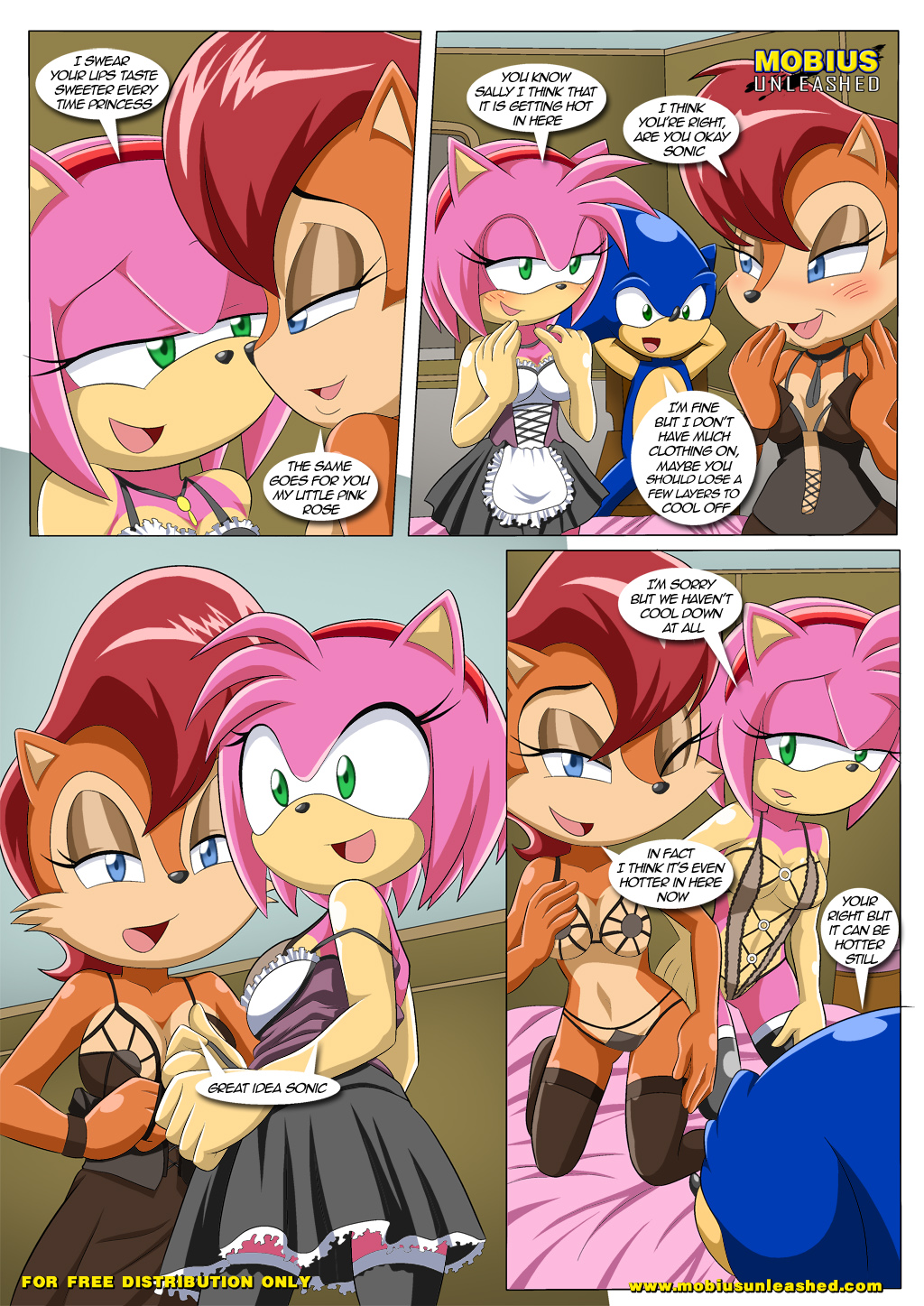 anthro bbmbbf blush clothing comic dialog female hedgehog male mammal mobius_unleashed palcomix sally_acorn sega sonic_(series) sonic_the_hedgehog text undressing