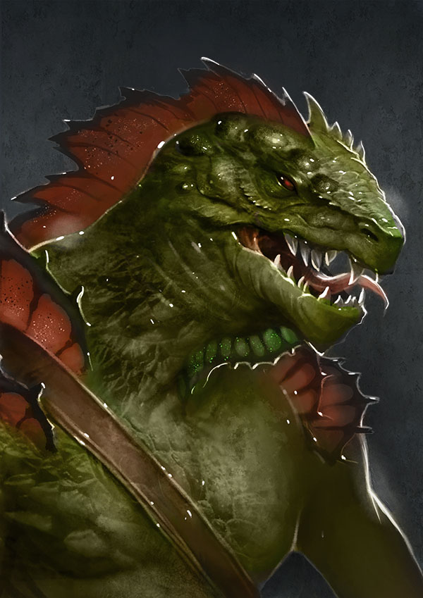 almost_human anthro baldric bust_portrait emile_denis frill green_scales head_frill legend_of_grimrock lizardfolk lizardman male mostly_nude official_art open_mouth portrait red_sclera reptile scales scalie simple_background solo spikes teeth textured_background tongue video_games
