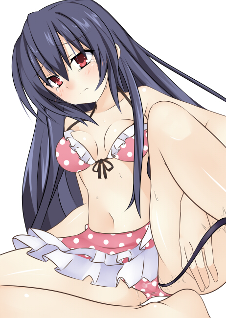 alternate_hairstyle bikini bikini_skirt black_hair blush hair_down long_hair masturbation meimu_(infinity) navel neptune_(series) noire polka_dot polka_dot_bikini polka_dot_swimsuit red_eyes solo sweat swimsuit vibrator vibrator_under_clothes