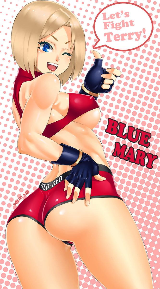 ass blonde_hair blue_mary character_name fatal_fury king_of_fighters shorts signature solid_air underboob
