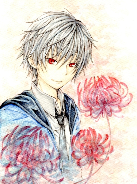 akise_aru flowers gray_hair mirai_nikki red_eyes