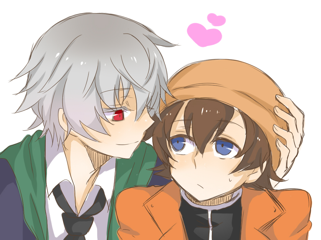 akise_aru amano_yukiteru bad_id bad_pixiv_id blue_eyes brown_hair eye_contact grey_hair hand_on_another's_head hat heart jacket kapiora looking_at_another male_focus mirai_nikki multiple_boys necktie red_eyes serious silver_hair smile sweat yaoi