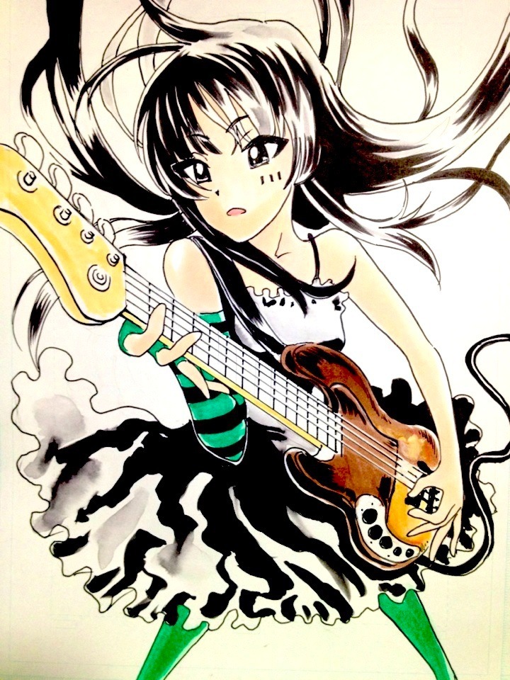 akiyama_mio bad_id bad_pixiv_id bass_guitar black_eyes black_hair don't_say_"lazy" dress facepaint fingerless_gloves gloves hime_cut instrument k-on! left-handed long_hair pantyhose solo