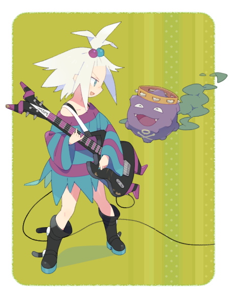 :d \n/ ^_^ bare_shoulders bass_guitar black_legwear blue_eyes boots cable closed_eyes combat_boots dress eye_contact fangs feille flat_chest freckles gen_1_pokemon green_background gym_leader hair_bobbles hair_ornament happy holding homika_(pokemon) instrument knee_boots koffing long_sleeves looking_at_another music object_on_head off_shoulder open_mouth platform_footwear playing_instrument plectrum pokemon pokemon_(creature) pokemon_(game) pokemon_bw2 polka_dot polka_dot_background shadow short_dress short_hair skull_and_crossbones smile smoke spiked_hair standing striped striped_background striped_dress tambourine topknot white_hair wide_sleeves