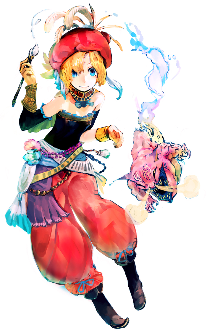1girl belt blonde_hair blue_eyes bracer commentary demon detached_sleeves final_fantasy final_fantasy_vi hat hat_feather jewelry multiple_belts necklace paintbrush photoshop_(medium) pictomancer_(final_fantasy) pointy_footwear puffy_pants relm_arrowny shoes short_hair so-bin typhon_(final_fantasy)