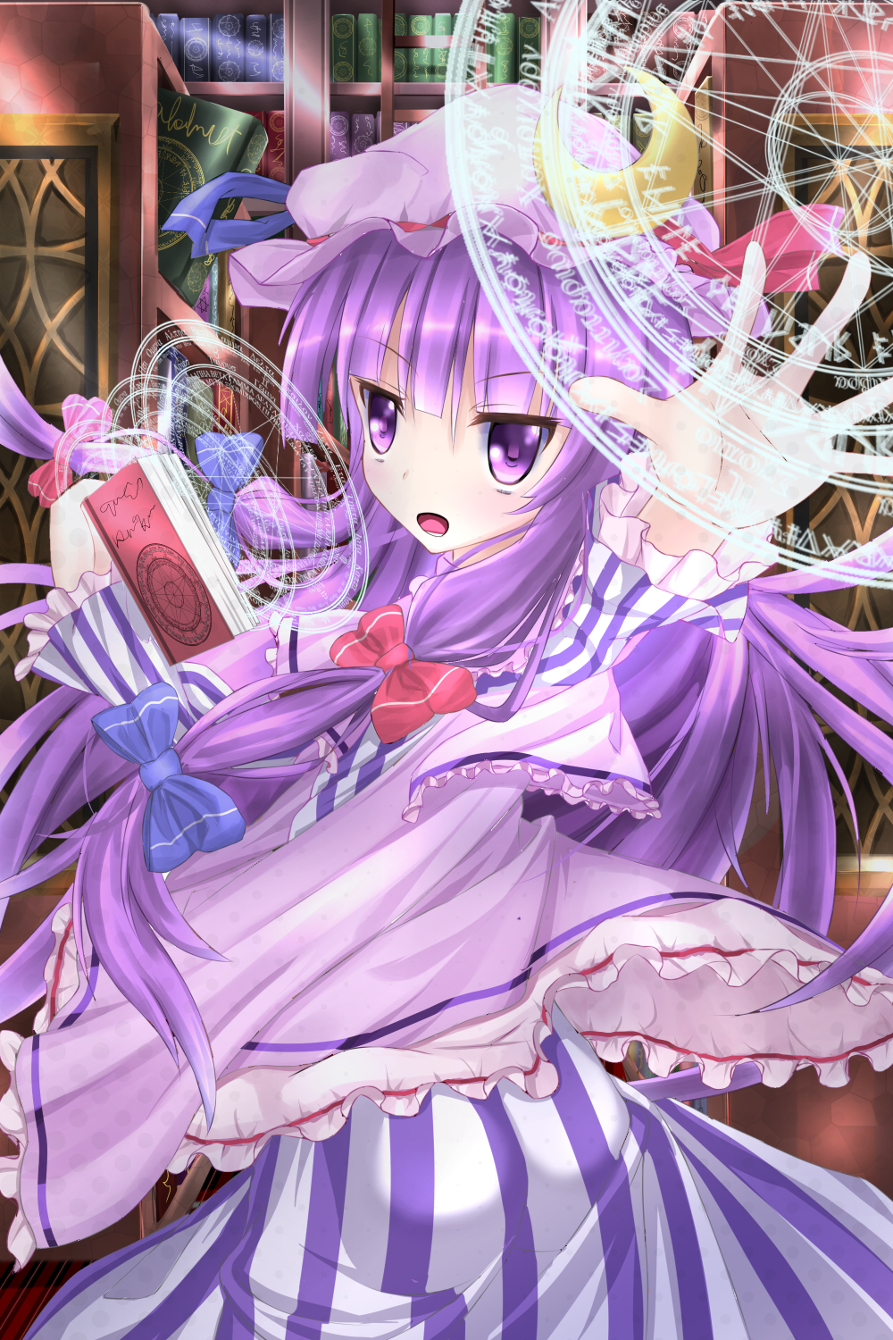 book bookshelf bow dress greek hair_bow hat hat_ribbon highres long_hair looking_at_viewer magic_circle mob_cap namatyaba open_book open_hand open_mouth outstretched_arm patchouli_knowledge pentagram purple_eyes purple_hair ribbon robe runes sidelocks solo touhou