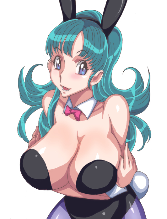 1girl animal_ears bare_shoulders blue_eyes bow bowtie breast_hold breasts bulma bunny_ears bunny_girl bunnysuit cleavage dragon_ball dragonball_z green_hair ichijiku large_breasts long_hair looking_at_viewer simple_background smile solo standing tail white_background