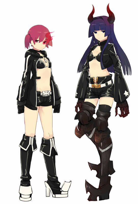 bikini_top black_gold_saw black_gold_saw_(cosplay) black_rock_shooter black_rock_shooter_(character) black_rock_shooter_(character)_(cosplay) blue_hair boots burning_eye cosplay hirose_sumire hood hooded_track_jacket horns jacket long_hair midriff miyanaga_teru multiple_girls open_clothes open_jacket pink_hair saki saki_achiga-hen short_hair shorts simple_background standing track_jacket white_background yomosaka