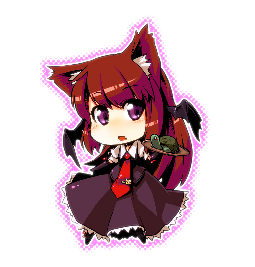 animal_ears bat_wings cat_ears chibi fang head_wings koakuma long_hair purple_eyes red_hair solo touhou tray tsukinami_kousuke turtle wings