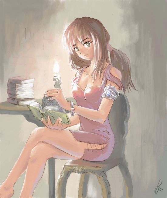 artist_request book brown_hair candle copyright_request crossed_legs dress green_eyes ponytail side_slit sitting solo