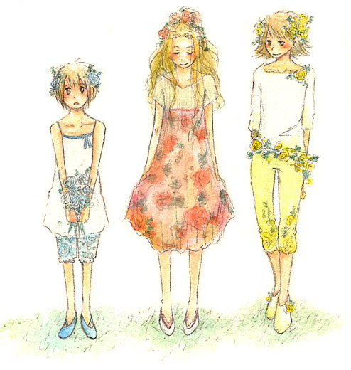 brown_hair child close_eyes digimon digimon_adventure eyes_closed flower loli open_eyes open_mouth red_eyes short_hair tachikawa_mimi takenouchi_sora yagami_hikari